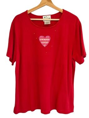 The Quacker Factory Womens Heart Knit Sweater Top Size 1X Beaded Valentines Red